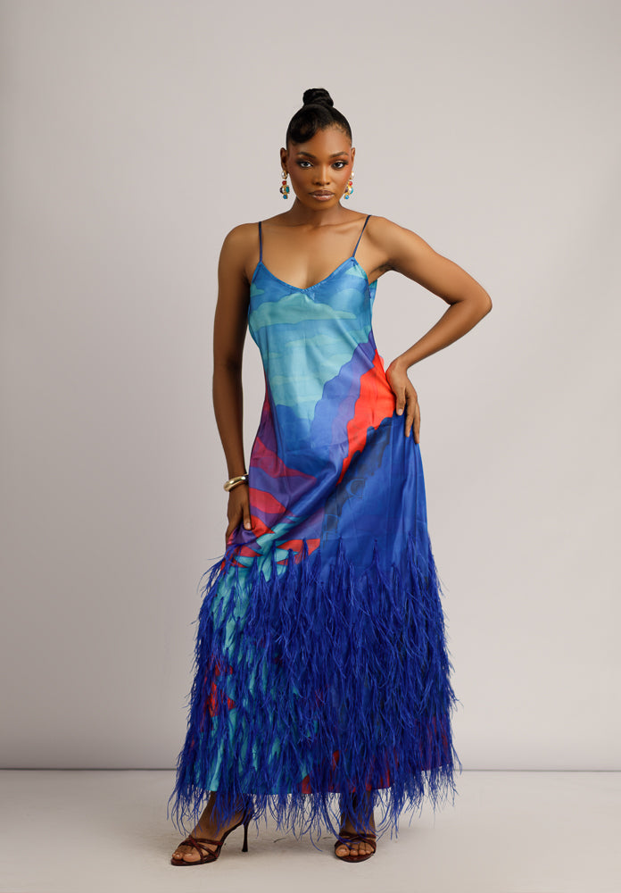 IVY FEATHERED DRESS - BLUE