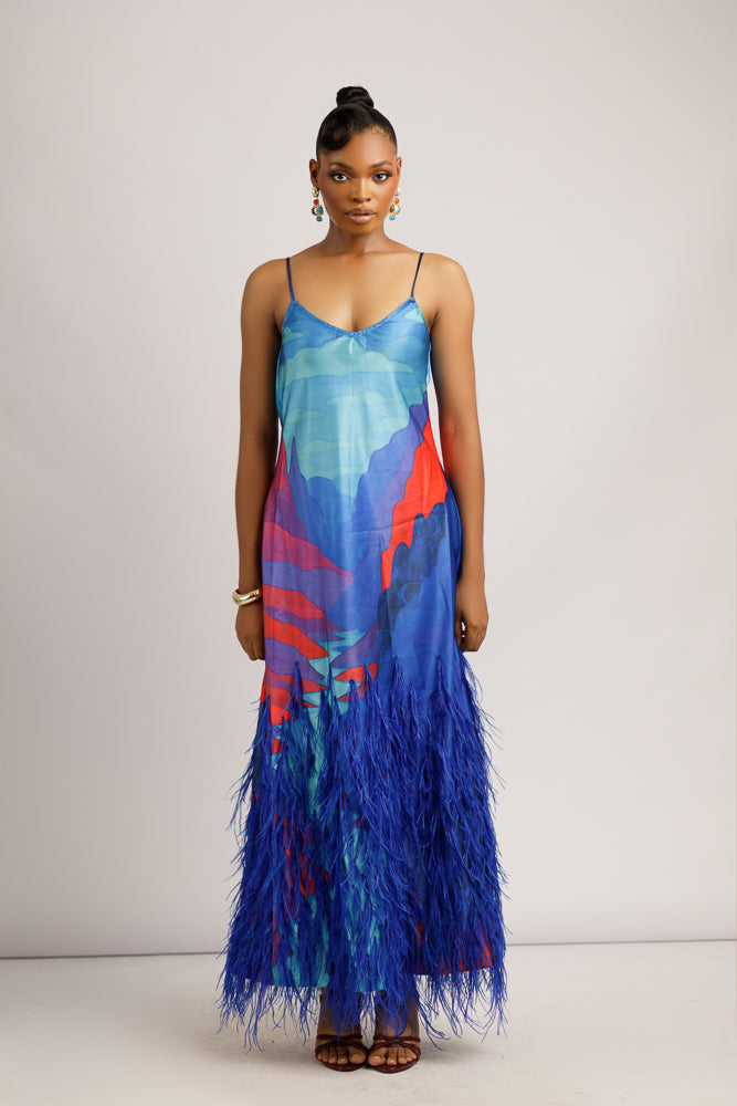 IVY FEATHERED DRESS - BLUE