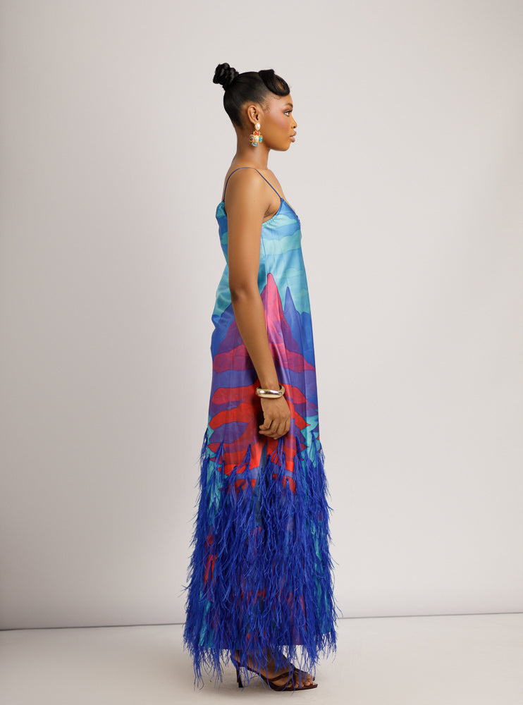 IVY FEATHERED DRESS - BLUE