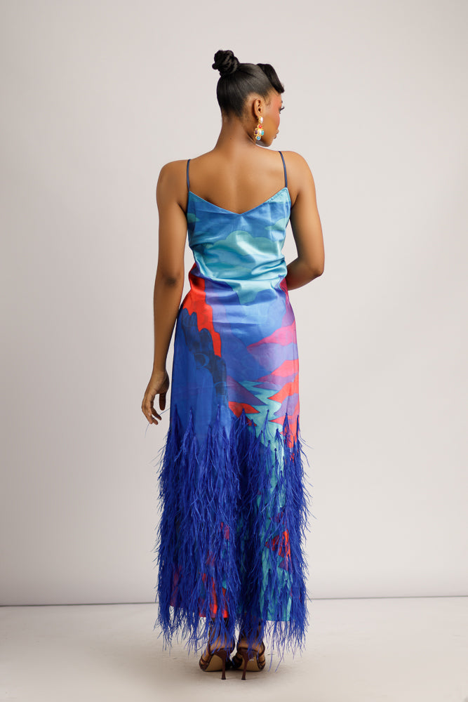 IVY FEATHERED DRESS - BLUE