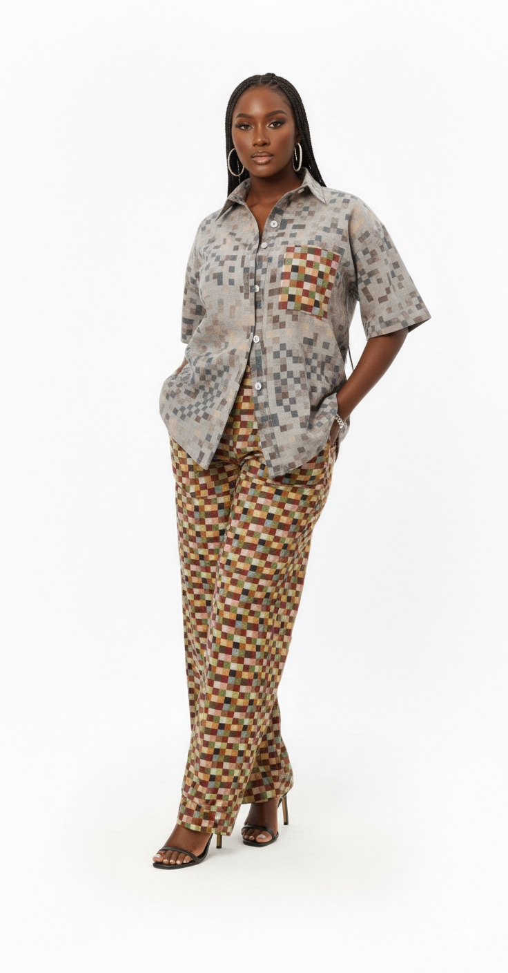 IMANI GRID PANT - BURGUNDY